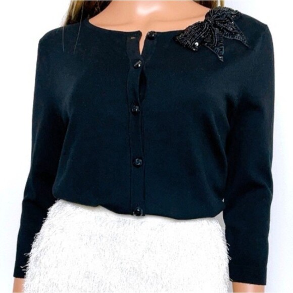 August Silk Dainty Beaded Bow Button Up Black Cardigan Sweater Large 3/4… - Picture 1 of 7